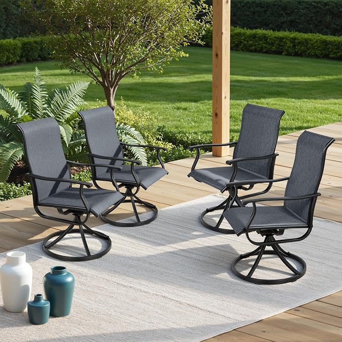 Crownland Outdoor Swivel Dining Chair Set of 4, All Weather 360° Swivel Rocking High Back Model Patio Dining Chairs, Textilene Fabric Wrought Iron Dining Chair Set for Backyard, Lawn, Garden(Black)