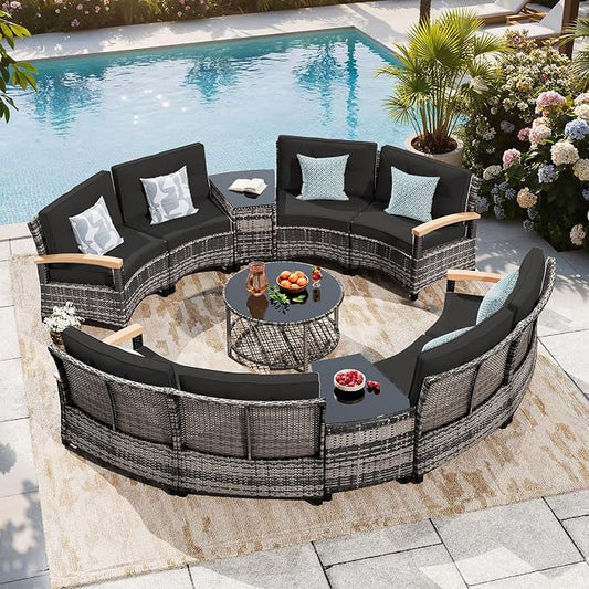 MEISSALIVVE 11-Piece Half-Moon Curved Outdoor Patio Furniture Set, Sectional Conversation Sofa with Wood Armrests, Coffee & Side Tables for Backyard Deck Garden, Black