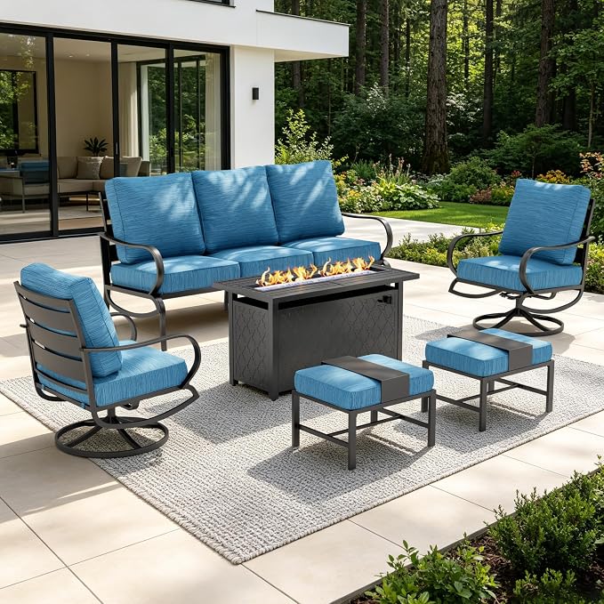 Sophia & William Patio Furniture Sets with 45" Gas Fire Pit Table for 7 Outdoor Conversation Sets 6 Pcs, 2 x Swivel Cushioned Sofa Chairs, 1x3-Seat Sofa, 2xOttomans for Backyard Poolside Peacock Blue