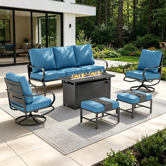 Sophia & William Patio Furniture Sets with 45" Gas Fire Pit Table for 7 Outdoor Conversation Sets 6 Pcs, 2 x Swivel Cushioned Sofa Chairs, 1x3-Seat Sofa, 2xOttomans for Backyard Poolside Peacock Blue
