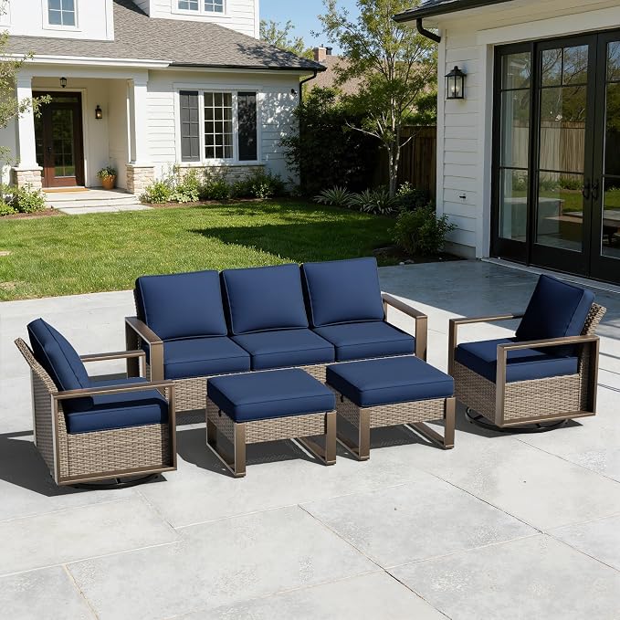 5 Pieces Metal Wicker Patio Furniture Set with 75" Sofa, Two Swivel Chairs and Two Ottomans, All Weather Rattan Outdoor Conversation Furniture with Washable Cushions for Porch, Dark Blue