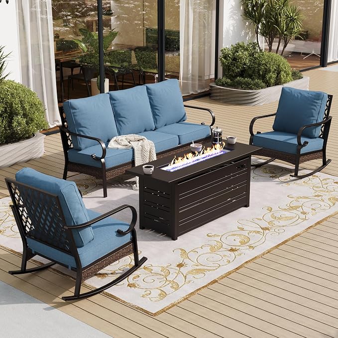 SUNSHINE VALLEY 4 Piece Metal Outdoor Patio Furniture Sets with Firepit Table, Patio Conversation Sets 1 3-Seater Sofa, 2 Rocking Sofa with 5.75" Thick Cushion Backyard Furniture for Deck, Denim Blue