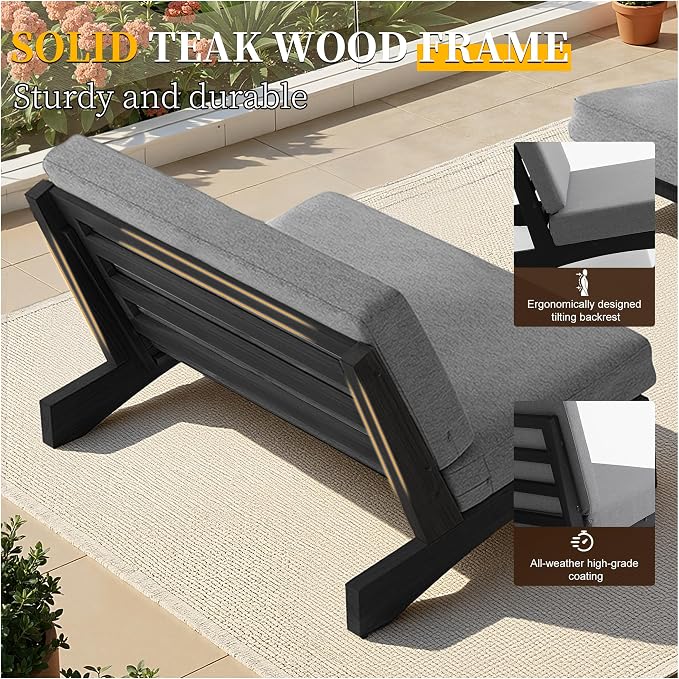 3 Piece Teak Outdoor Patio Frutnire Set, 5 Seater Patio Conversation Sets with Thick Cushions, Outdoor Sectional Furniture with Coffee Table - Gray