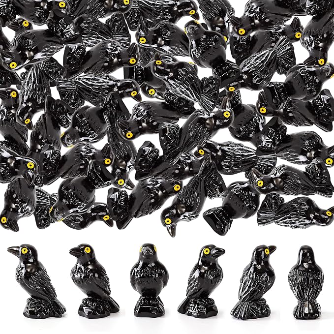 60 Pcs Miniature Resin Crows Black Raven Figurines Spooky Halloween Decor Tiny Animals for Terrariums & DIY Crafts