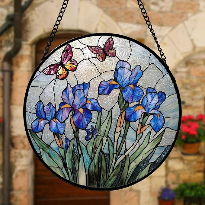 DASTOLL Stained Glass Window Hanging, Blue Iris Flowers Butterfly Suncatcher Diamond Colorful Glass Panel Sun Catchers Decor for Birthday for Women, Men, Wife, Aunt, and Mom 15x15 in