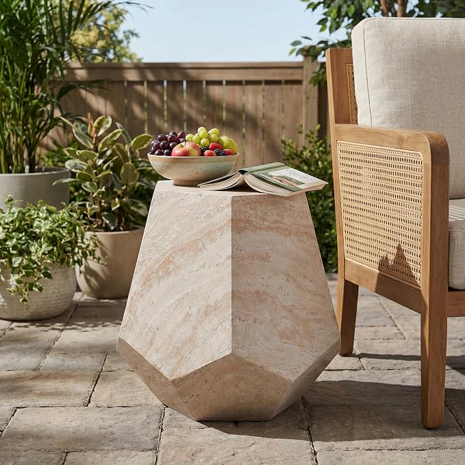 18.75" Outdoor Indoor Lightweight Concrete Side Table,Beige | Hexagonal Round Travertine Accent End Table