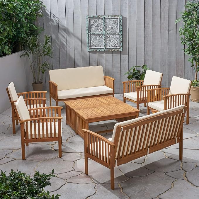 Christopher Knight Home 8-Piece Outdoor Patio Furniture Set, Acacia Wood Conversation Set with 2 Loveseats 2 Coffee Tables and 4 Chairs Cushions, Large Backyard Garden Chat Set, Light Wood