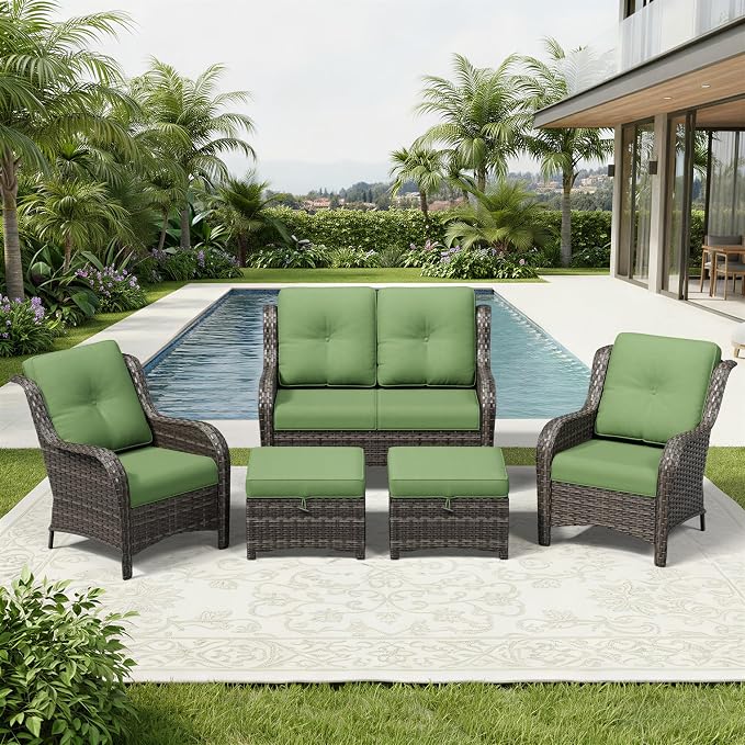 Joyside 5 Piece Wicker Patio Furniture Set, Rattan Patio Chairs with High Back, Deep Seating, Wide Armrest, Thickened Cushions, Outdoor Furniture for Deck, Porch Use