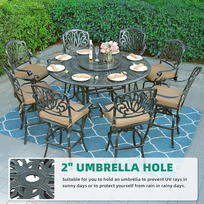 VIVIJASON 61" Patio Round Height Bar Table, All-Weather Cast Aluminum High Top Dining Table with 24" Lazy Susan & Umbrella Hole for Outdoor Balcony, Porch and Deck, Fits for 6-8 Person, Dark Bronze