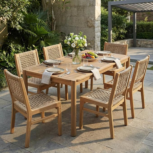 Christopher Knight Home Levi Acacia Wood Dining Table Set for 6, Solid Wood Outdoor Dining Set for 6, 7 Piece Patio Dining Table and Chair Set with Wicker Seat & Back, Light Brown + Light Teak