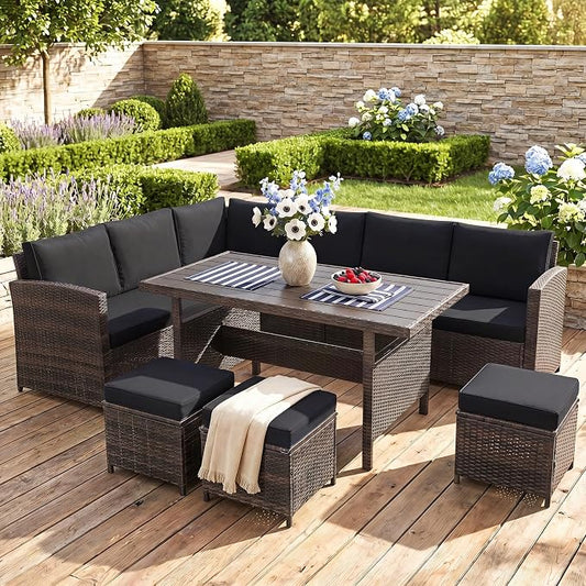 Tangkula 7 Pieces Wicker Patio Furniture Set, Wicker Conversation Set | Outdoor Sect with Coffee Table, Ottomans & White Cushions, Sectional Conversation Sofa Set for Porch, Poolside, Balcony, Yard