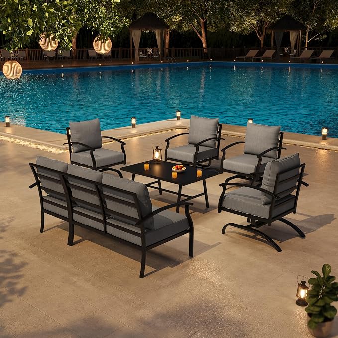 Metal Patio Furniture Set,6 Pieces 7 Seats Patio Sectional Outdoor Furniture Set with Rectangular Coffee Table,Patio Conversation Sets with 5.1" Thickened Cushions,Grey