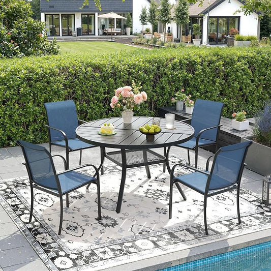 DIFY 5 Pieces Outdoor Patio Dining Set for 4, 40.6" Black Round Metal Dining Table and 4 Blue Stackable Sling Dining Chairs, Outdoor Table and Chairs for Lawn Garden Backyard Deck
