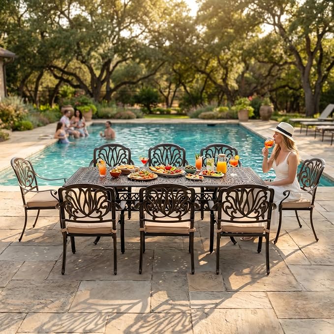 9-Piece Cast Aluminum Outdoor Dining Set Retro Patio Dining Set for 8 Includes 86.6’’ Rectangular Table and 8 Chairs with Removable Cushion and Umbrella Hole for Patio Deck Garden Porch