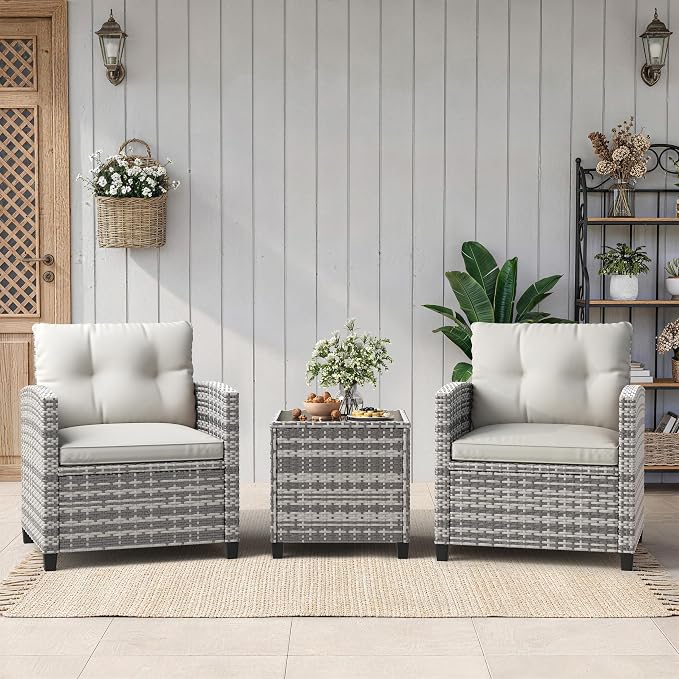 GarveeLife 3 Pieces Patio Furniture Set, PE Rattan Patio Conversation Set with Tempered Glass Tabletop, Outdoor Wicker Chairs and Table Set for Patio Balcony Garden, Grey and Beige