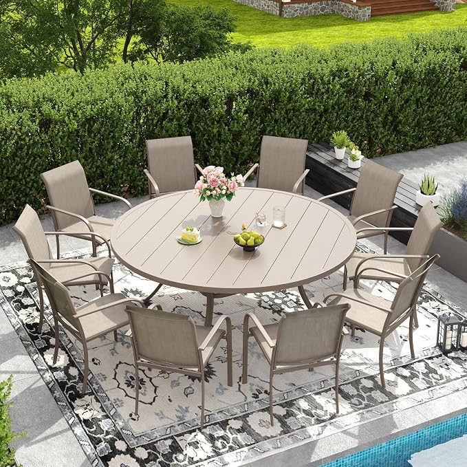 DIFY Patio Dining Set for 10, 11 Piece Outdoor Table and Chairs Set, 63" Round Metal Patio Dining Table and Textilene Stackable Patio Chairs, for Backyard Garden Poolside, Sandshell