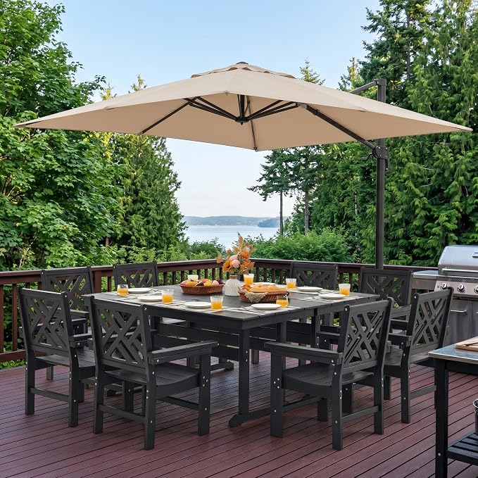 HDPE Outdoor Dining Set,10-Piece Outdoor Table and Chairs Include 8 Dining Chairs and 2 Pcs 62.5" Patio Dining Table with Umbrella Hole (Black)