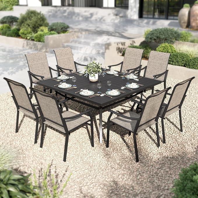 PHI VILLA Outdoor Patio Dining Set, Square Metal Table & 8 Textilene Chairs | 9 piece, Weather-resistant, Breathable & quick-drying, Umbrella hole, Patio deck backyard