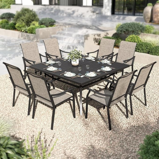 PHI VILLA Outdoor Patio Dining Set, Square Metal Table & 8 Textilene Chairs | 9 piece, Weather-resistant, Breathable & quick-drying, Umbrella hole, Patio deck backyard