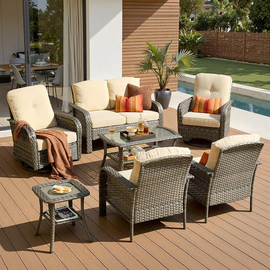 7-Piece Patio Furniture Set, Outdoor Wicker Furniture with Coffee Table, High Back Swivel Rocker Patio Chairs, Modern Rattan Outdoor Chairs Conversation Set for Porch, Balcony, Garden, Beige