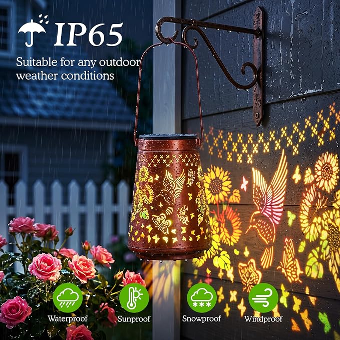 Hummingbird Solar Lanterns Waterproof Outdoor Solar Lights | Sunflower & Butterfly Patterns, Metal Hanging Lights for Patio & Yard, Garden Decor Gifts for Women, Mom & Grandma, 1 Pack