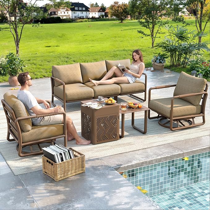 Outdoor 5-Seat Conversation Set with 2 Swivel Rocking Chairs, 45000 BTU Fire Pit Table & Glass Wind Guard - Brown