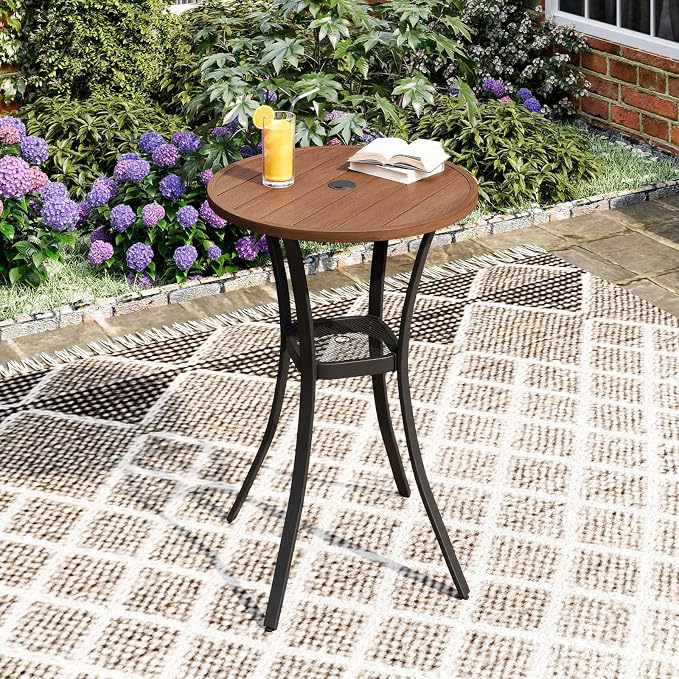 DIFY Patio Bar Height Table, Walnut 28" Round Outdoor Pub Table with 1.57" Umbrella Hole for Bistro, Garden, Poolside and Balcony