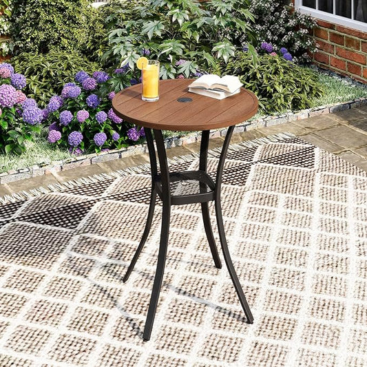 DIFY Patio Bar Height Table, Walnut 28" Round Outdoor Pub Table with 1.57" Umbrella Hole for Bistro, Garden, Poolside and Balcony