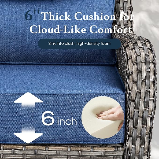 Belord Luxury 6" Thick Cushioned 8 Pieces Patio Furniture Set with Outdoor Couch, Wicker Outdoor Conversation Set with High Back Swivel Rocker Chairs for Deck Porch Yard and Poolside - Grey+Blue