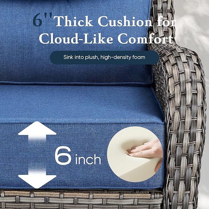 Belord Luxury 6" Thick Cushioned Outdoor Swivel Rocker Patio Chairs Set of 4 with Side Table, High Back Wicker Furniture Set with Ergonomic Zone Back, Conversation Set for Deck Porch - Grey+Blue