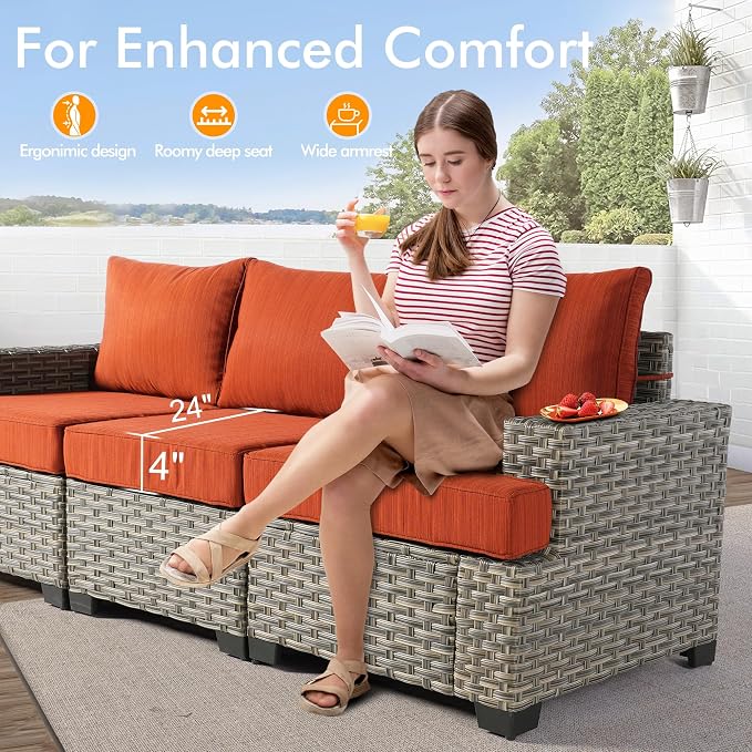 7 Pcs Outdoor Sectional Patio Furniture Set with Ottomans - All Weather Wicker Modular L Shaped Outside Sectional Couch,Patio Seating Outdoor Conversation Sets for Deck Yard Garden,Orange Red