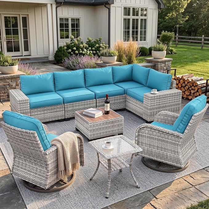 9-Piece Outdoor Patio Furniture Set with Rocking Swivel Chair Wicker Sectional Sofa Set, Patio Conversation Set with Thickened Cushions & Coffee Table for Garden, Backyard, Turquoise