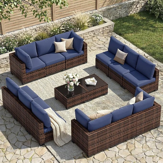 FHFO 14 Piece Outdoor Wicker Patio Furniture Set, Brown/Blue | Sectional Sofa | All-Weather Hand-Woven Rattan | Tempered Glass Coffee Table | Free Combination | Indoor & Outdoor Use