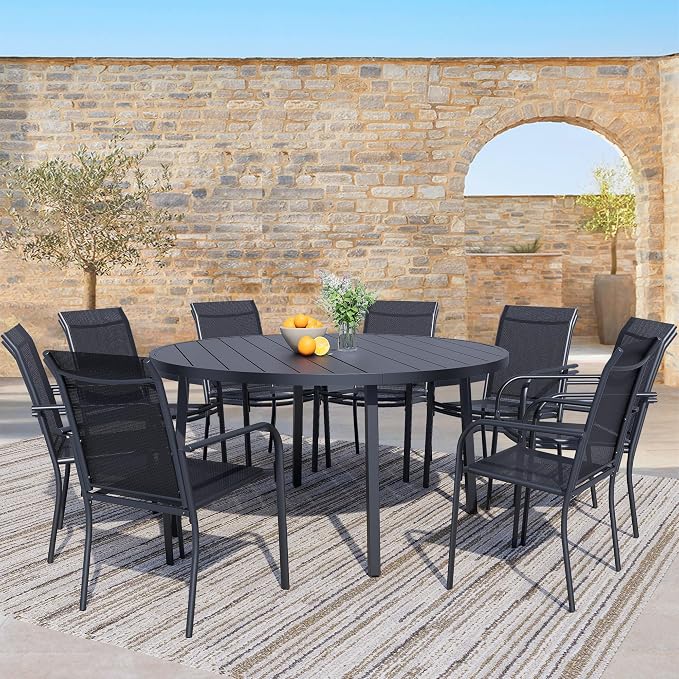 9 Pieces Patio Dining Set for 8, Black Patio Stackable Chairs and Black Round Table Set of 8, Outdoor Furniture Set with Sling Support for Outside, Garden