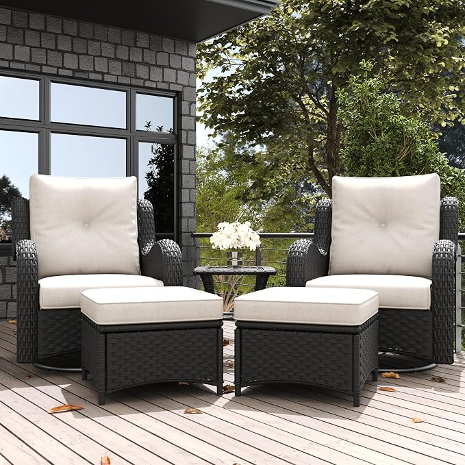 LayinSun 5 Pieces Outdoor Patio Furniture Set, Rattan Wicker Swivel Rocker Chairs Sets with Ottomans, Swivel Glider Chairs, and Coffee Table