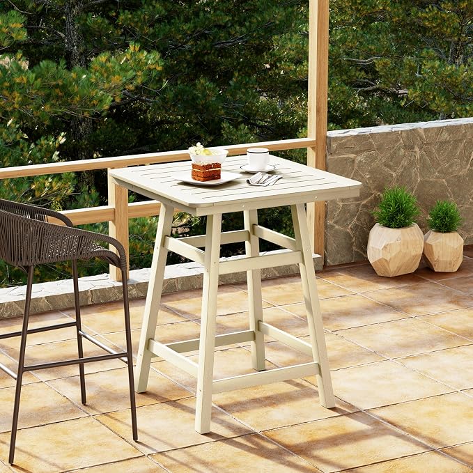 Costaelm Outdoor Bar Table, 37" Counter Height Square Patio Cocktail Bar Table with Umbrella Hole, Patio Bistro Dining Pub Table for Front Porch Deck Backyard Garden, Sand