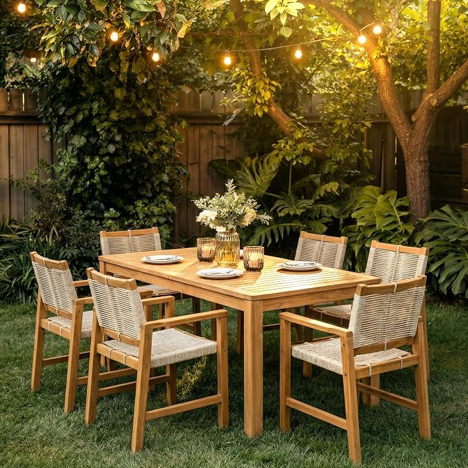 Heritage Woven Rope Eucalyptus Wood Armchair, Set of 2 Oversized Wide Backrest for Enhanced Comfort - Handcrafted Outdoor Patio Dining Chairs, Solid Eucalyptus Boho Seating for Deck, Porch & Backyard
