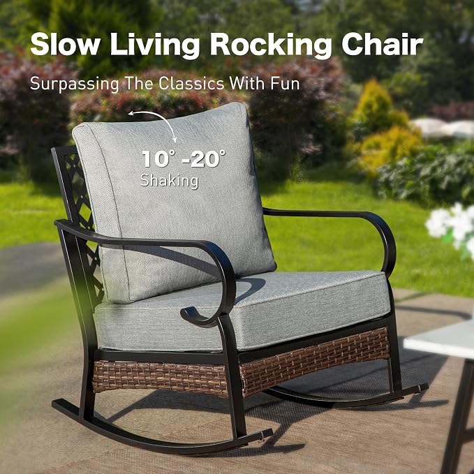 SUNSHINE VALLEY 4 Piece Metal Outdoor Patio Furniture Sets with Firepit Table, Patio Conversation Sets 1 2-Seater Sofa, 2 Rocking Sofa with 5.75" Cushion Black Backyard Furniture for Deck, Gray