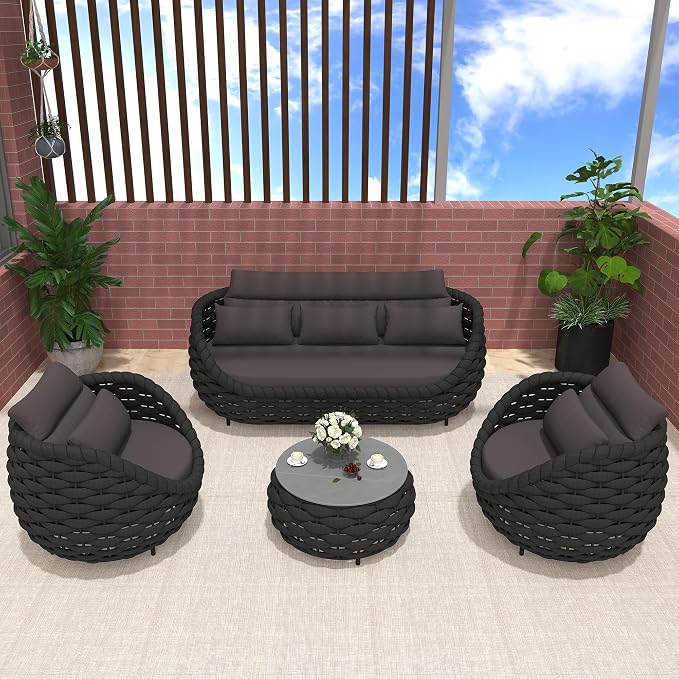 TWT Outdoor Patio Furniture Set-6 Pieces Aluminum Sectional Sofa, Metal Patio Conversation Set with Threeseat & Armchair, Textile Rope and Coffee Table, Dark Grey