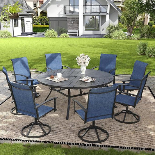 VICLLAX 9 Pieces Patio Outdoor Dining Set, 8 Swivel Textilene Chairs and 63" Round Metal Table with Umbrella Hole for Porch, Deck, Garden, Black/Dark Blue