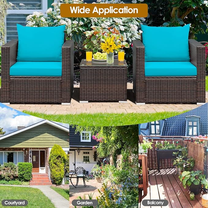 Patio Conversation Set Outdoor, 3-Piece Rattan Wicker Furniture Set with Water-Resistant Cushion & Tempered Glass Tabletop, Patio Furniture Set for Balcony, Porch, Poolside (Turquoise)