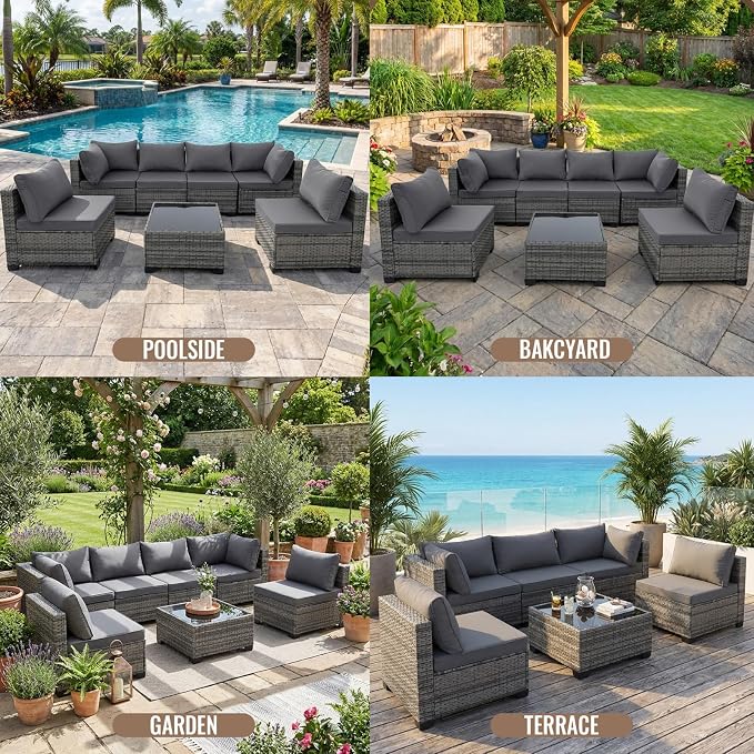 Loungewave 7 Pieces Outdoor Patio Furniture Set, Wicker Rattan Patio Conversation Set with Cushions & Coffee Table, All Weather PE Rattan Patio Sofa with Tea Table for Backyard Porch Garden (Grey)