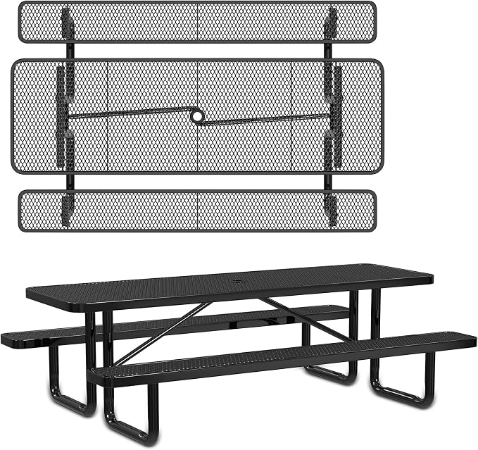 Leisure Craft Metal Picnic Table with Bench - 8 ft Rectangle Outdoor Dining Table for 8, Umbrella Hole, Weatherproof Heavy Duty Thermoplastic Coating, Commercial Grade Furniture Made in USA - Black
