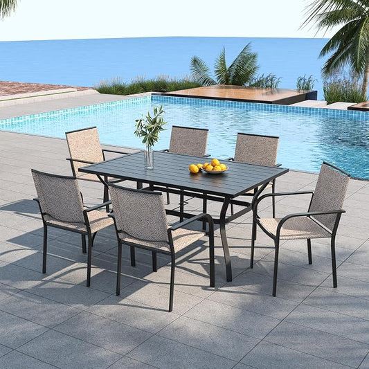 Anmutig 60"X38" Rectangular Outdoor Table with Beige Stackable Chairs Patio Dining Set, All Weather - 7 Piece