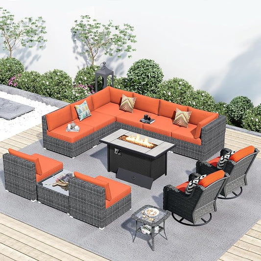 HOOOWOOO Outdoor Patio Furniture with Fire Pit Set 13 Pieces Patio Set with Fire Pit Wicker Outdoor Furniture with Fire Pit Table Set Patio Sectional Set with Swivel Chair,Orange Red