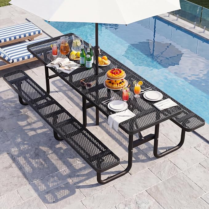 96" Rectangular Metal Picnic Table, Commercial Steel Picnic Tables with 1.96" Umbrella Hole, Heavy Duty Picnic Tables for Outdoor Garden Courtyard BBQ, Black