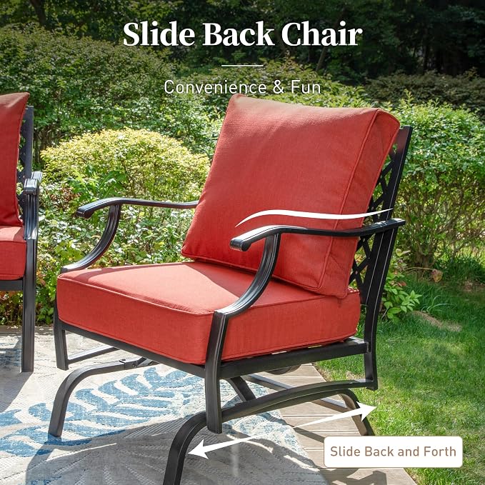 SUNSHINE VALLEY 7 Piece Metal Outdoor Patio Furniture Set, Patio Conversation Sets 3-Seater Sofa, 2 Rocking Chair, 2 Ottomans with 5.75" Thick Cushion, Black All-Weather Frame Backyard Furniture, Red