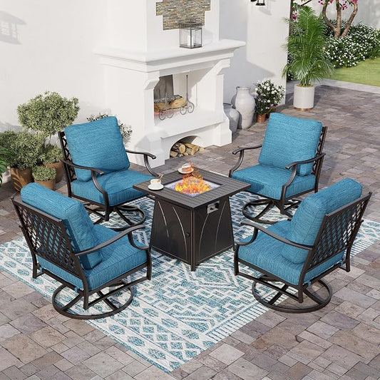 SUNSHINE VALLEY 5 Piece Metal Outdoor Patio Furniture Set with Fire Pit Table, Patio Conversation Sets 4 Swivel Chairs with 5.75" Thick Cushion and 5000 BTU Fire Pit Table, Backyard Furniture, Blue-2