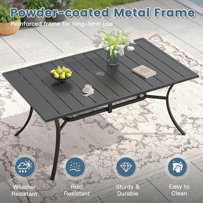 DIFY 59.2" Outdoor Patio Dining Table for 6, Metal Rectangular Steel Slat Patio Table with 1.57" Adjustable Umbrella Hole, Weather-Resistant for Garden Backyard Poolside Deck, Black