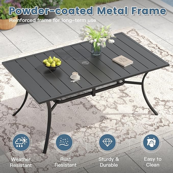 DIFY 7 Piece Outdoor Patio Dining Set for 6, 59.2" Black Rectangle Metal Dining Table and Swivel Patio Chairs with Brown Padded Textilene, All-Weather Outdoor Furniture Set for Garden Backyard Porch